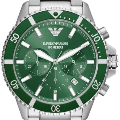 Emporio Armani Diver Chronograph Green Dial Silver Steel Strap Watch For Men - AR11500
